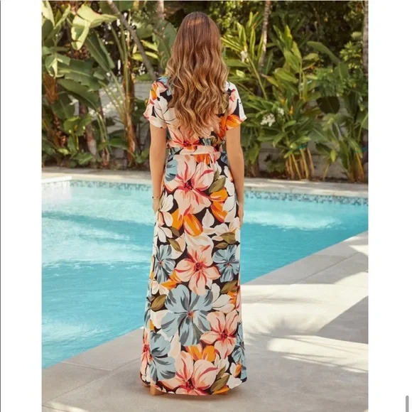 Vici Maxi Dress M Cadiz Floral Bardot Wrap Waist Tie Tropical Vacation - Picture 11 of 11